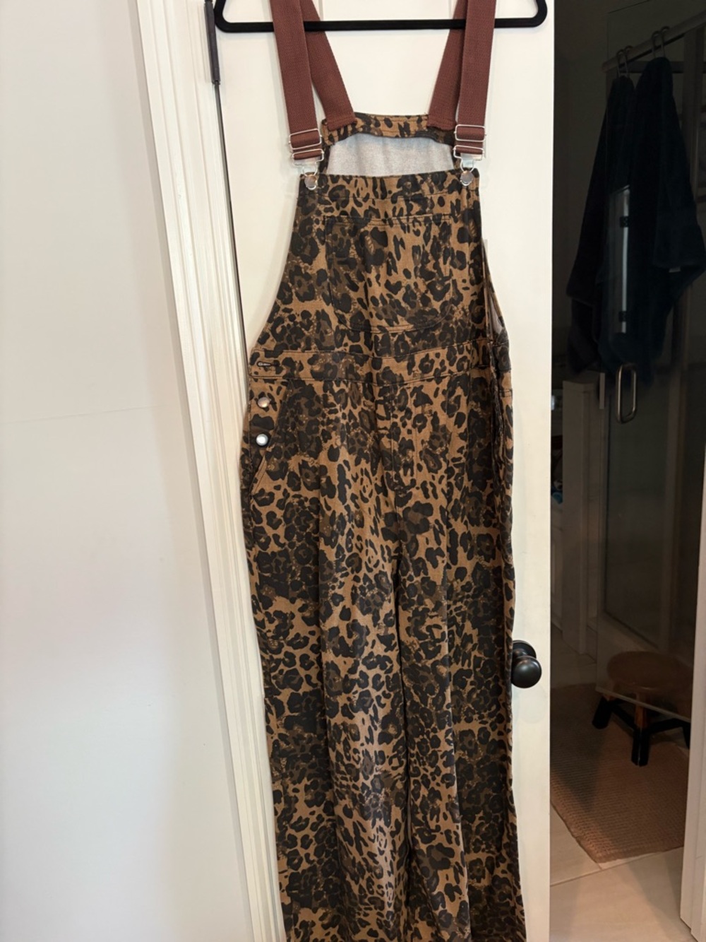 Leopard Print Overalls with Brown Adjustable Straps